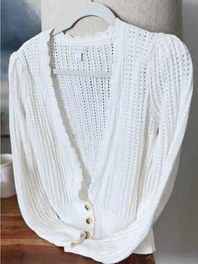 Charter Club Cream Open-Knit V‑Neck Cardigan with Scallop Trim